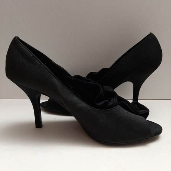 ANN MARINO Ruffle Detail Peep-Toe Slip-On High Heel Shoes Black Fabric Sz 9 M - Picture 12 of 16
